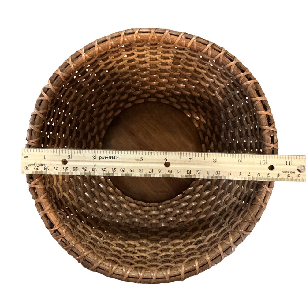 Vintage Porcupine Curly Weave Wicker Basket Round Wood Base Brown 10.5 Inch Bowl - Picture 4 of 7